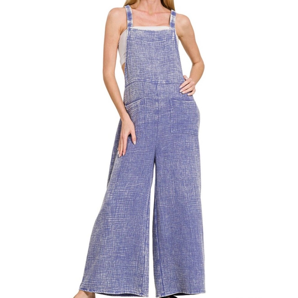 New Zenana Purple Blueberry Whash Wide Leg Overalls Jumpsuit Cotton Gauze Pocket